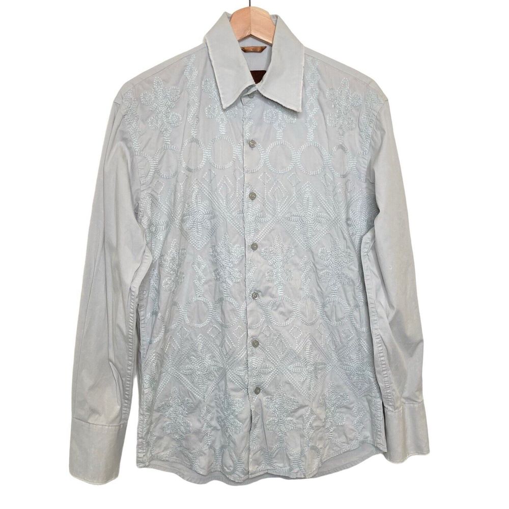 ROAR Men’s Cotton Blend Stretch Embroidered Graphic Blue Button Up Shirt Small S